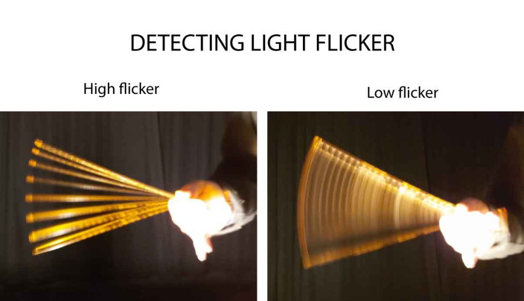 two photos of a ruler being waved in front of a light source