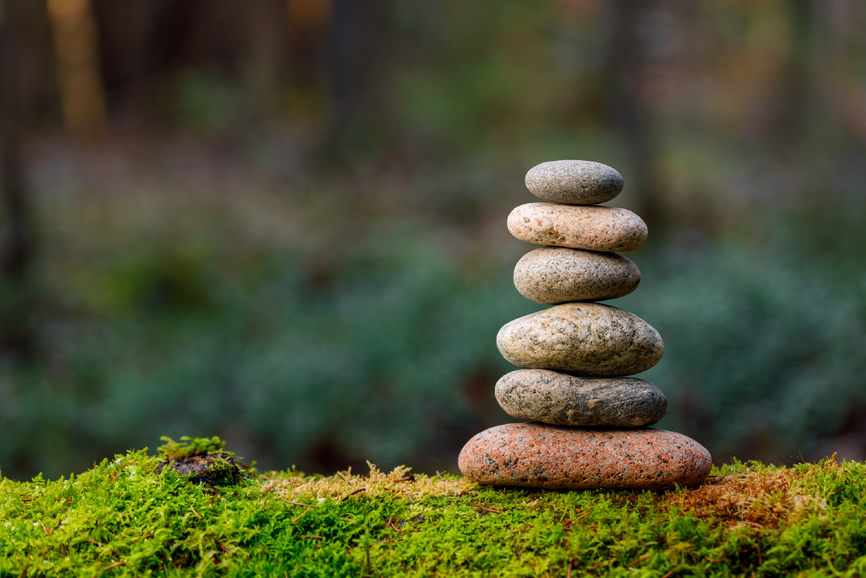 Pyramid stones balance on fallen tree.