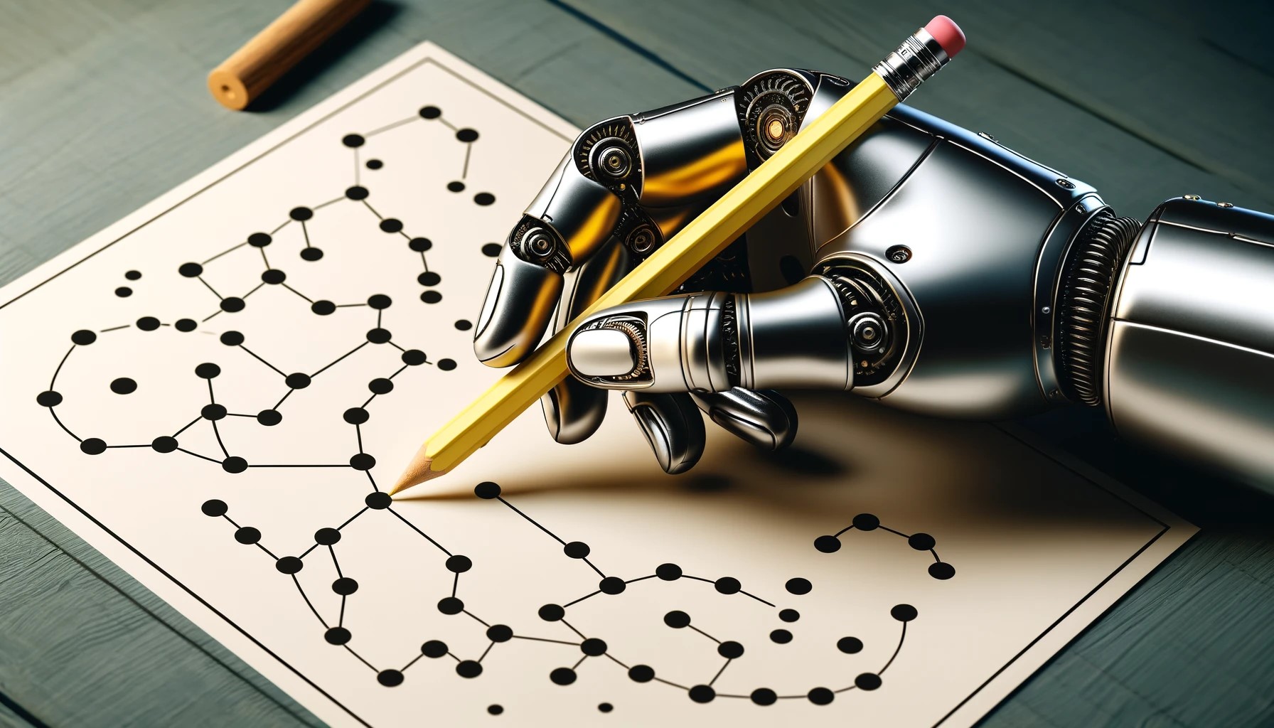 robot hand hold pencil drawing connect the dots