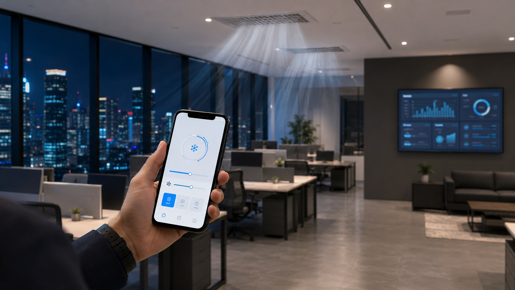 Hand holding smartphone in office at night